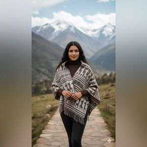 South american Wool Shawl Scarf brown and cream alpaca llama design o/s handmade